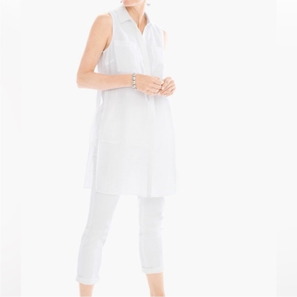 Chico’s 100% Linen Layered Side Slit Button Front Collared Sleeveless Tunic Top - Picture 2 of 8